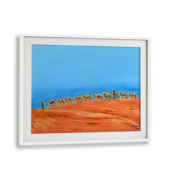 Colorful landscape painting featuring camels traversing a vibrant desert scene, perfect for art enthusiasts. CAMELS, LANDSCAPE PAINTINGS.