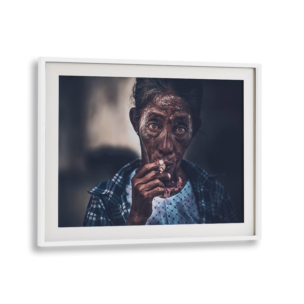 Captivating portrait of the Smoking Woman from Burma, photography prints showcasing vibrant street life.
