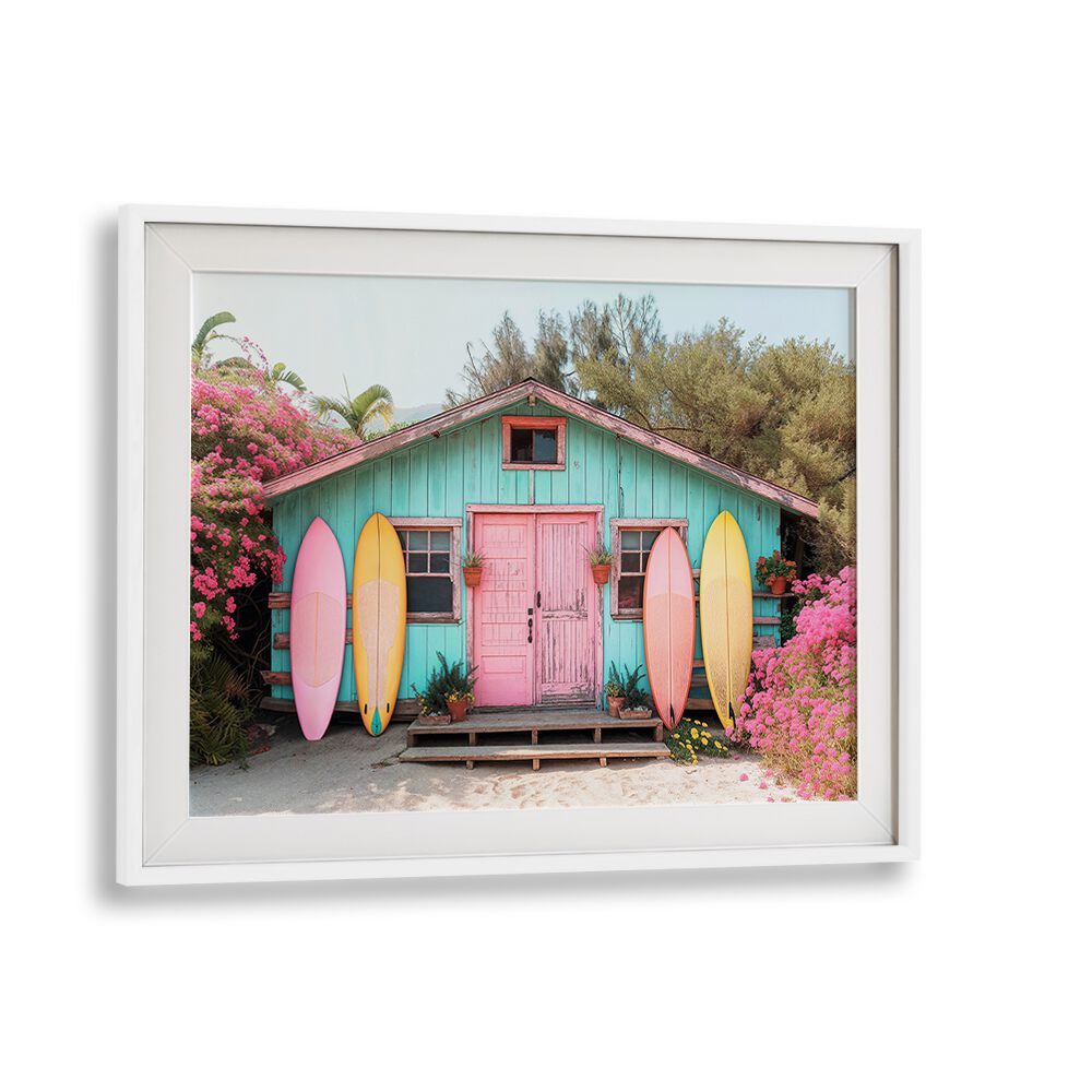 Vibrant beach scene featuring a pink and teal house, embodying PARADISE LOST, BEACH PAINTINGS by Philippe Hugonnard.