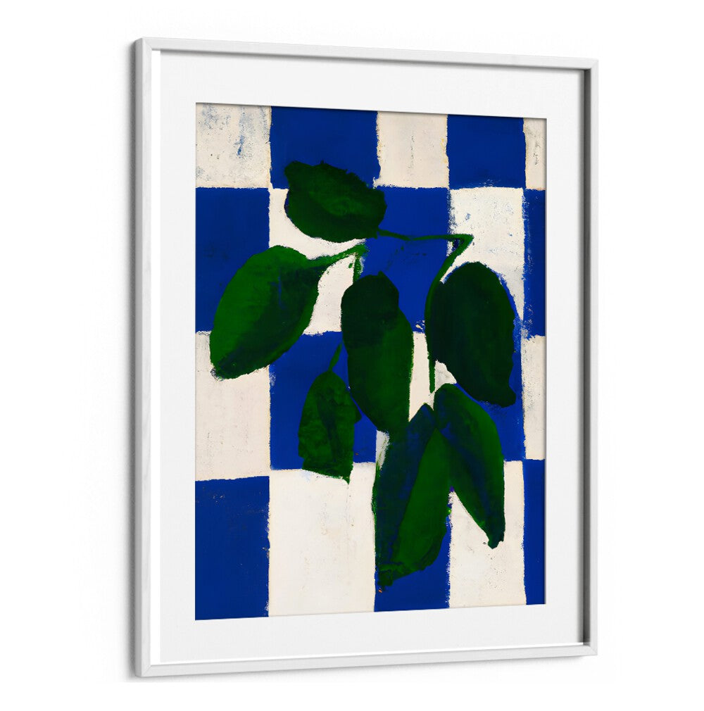CHECKERED GREENERY , KITCHEN POSTERS with bold green leaves and blue-white checkered background for stylish kitchen decor.