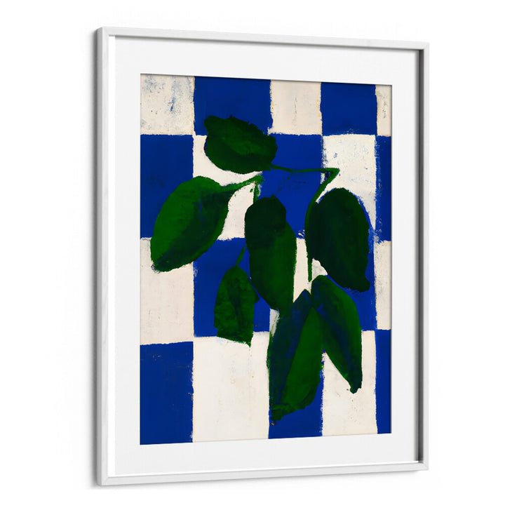 CHECKERED GREENERY , KITCHEN POSTERS with bold green leaves and blue-white checkered background for stylish kitchen decor.
