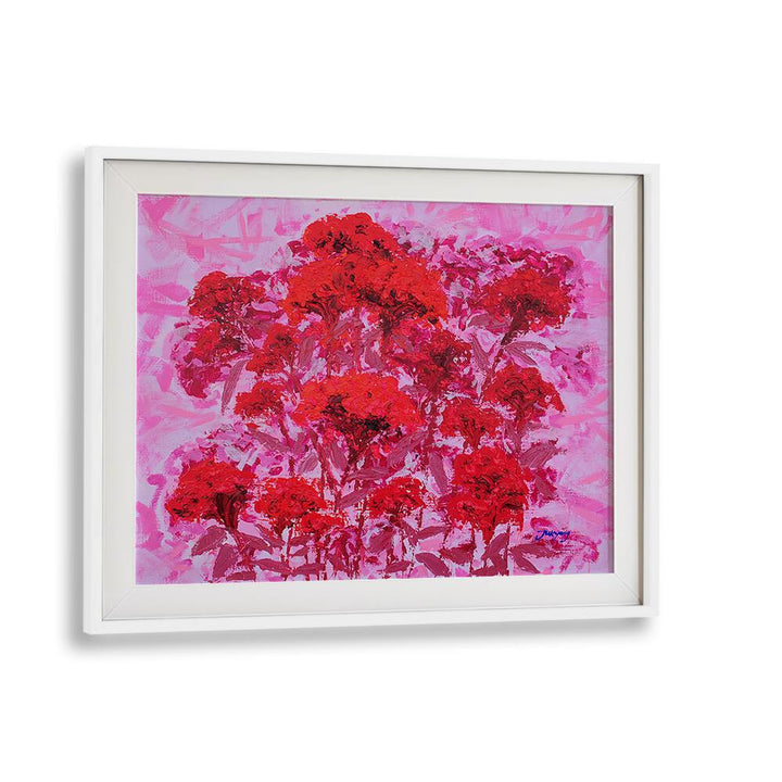 Vibrant COCKSCOMB CANVAS, FLORAL FLOWER PAINTINGS featuring bold red flowers against a pink background. Perfect for decor!
