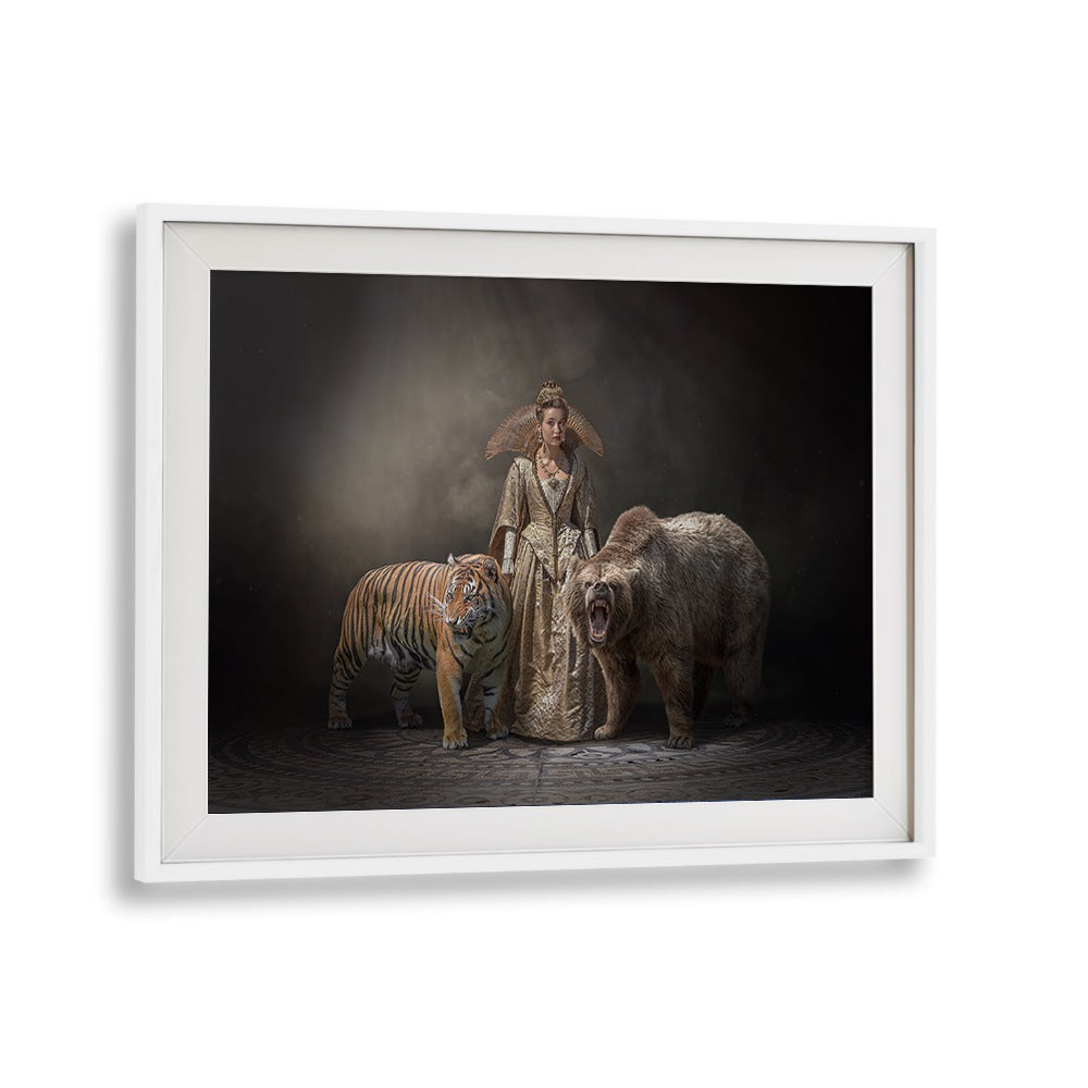 Surreal PRINCESS BEASTS , PHOTOGRAPHY PRINTS featuring a regal figure with a tiger and bear, perfect for your collection.