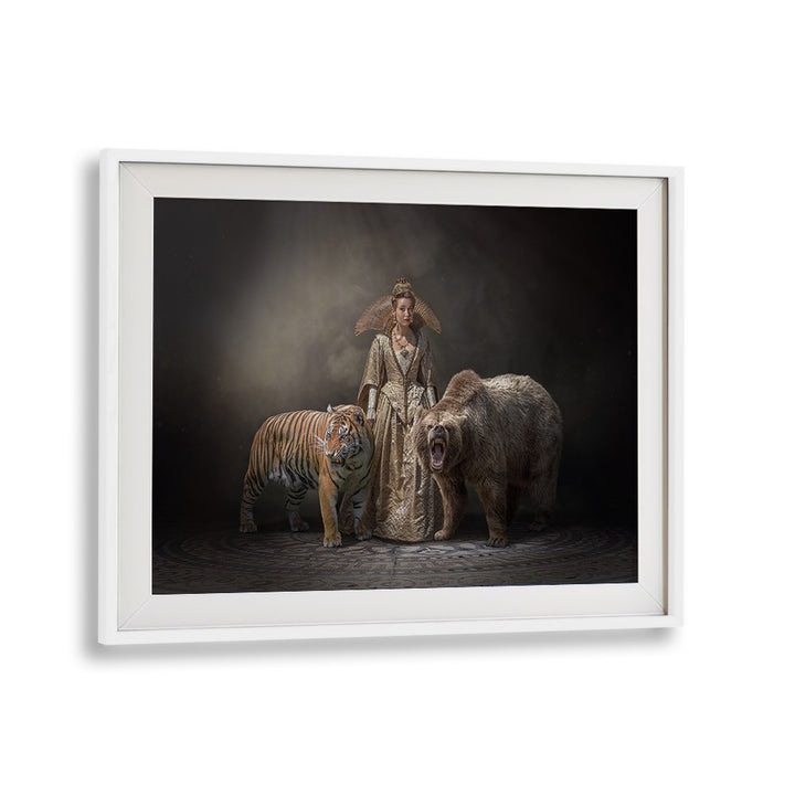 Surreal PRINCESS BEASTS , PHOTOGRAPHY PRINTS featuring a regal figure with a tiger and bear, perfect for your collection.