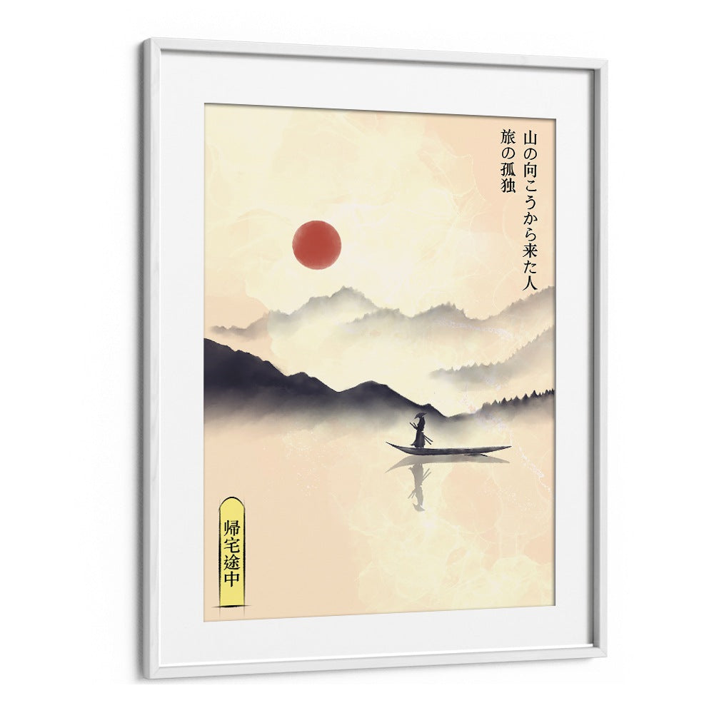 Serene landscape featuring a lone figure on a boat, embodying the spirit of HITORI JOURNEY, JAPANESE PAINTINGS.