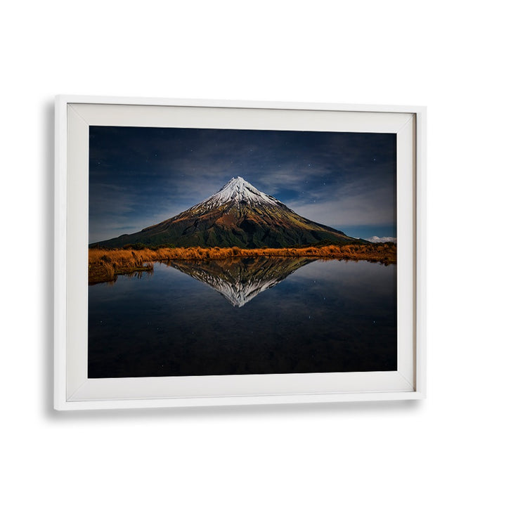 Stunning MOUNT TARANAKI - A STARRY NIGHT, PHOTOGRAPHY PRINTS showcasing the majestic mountain under a starry sky.