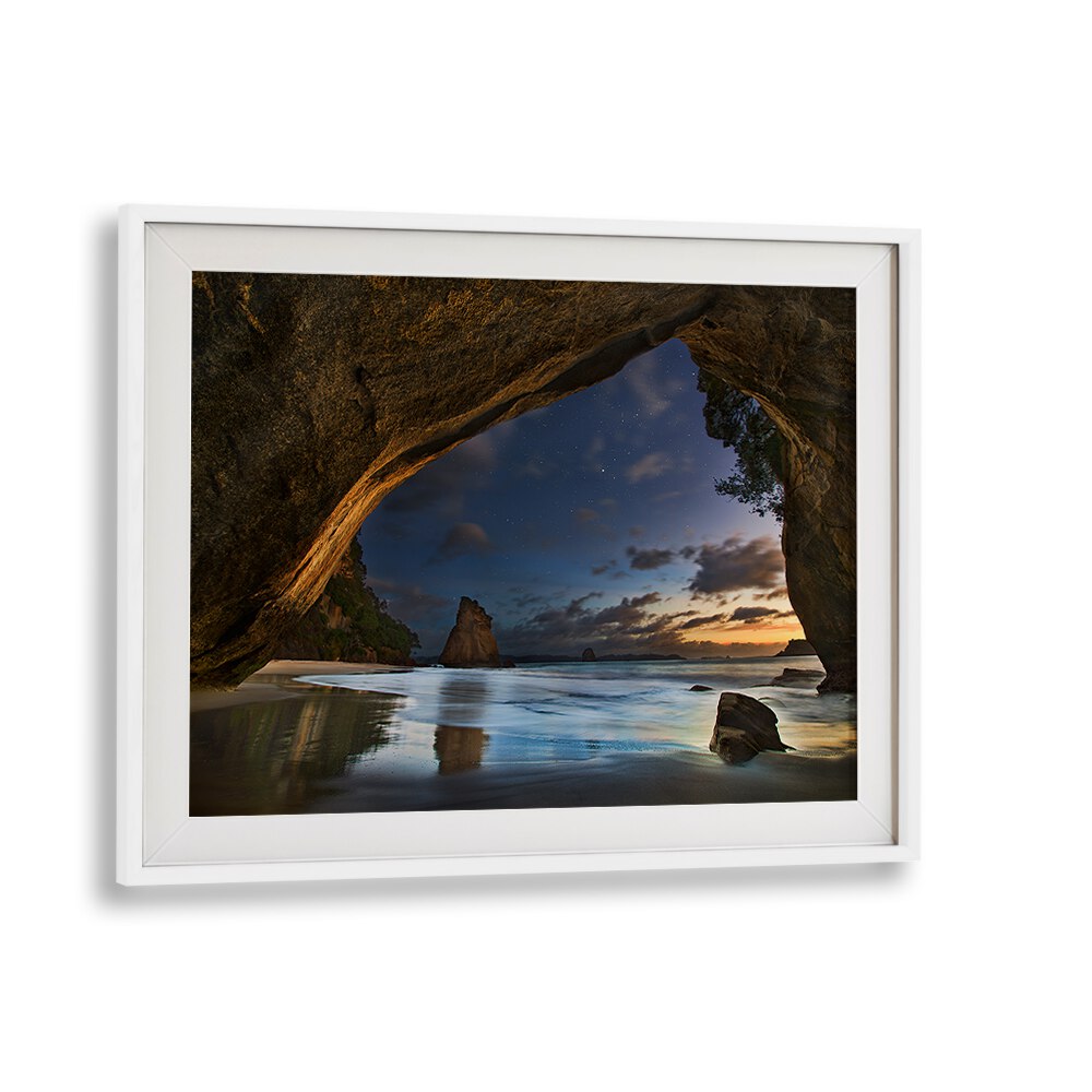 Serene Cathedral Cove landscape captured at twilight; perfect for enhancing your space with CATHEDRAL COVE, PHOTOGRAPHY PRINTS.