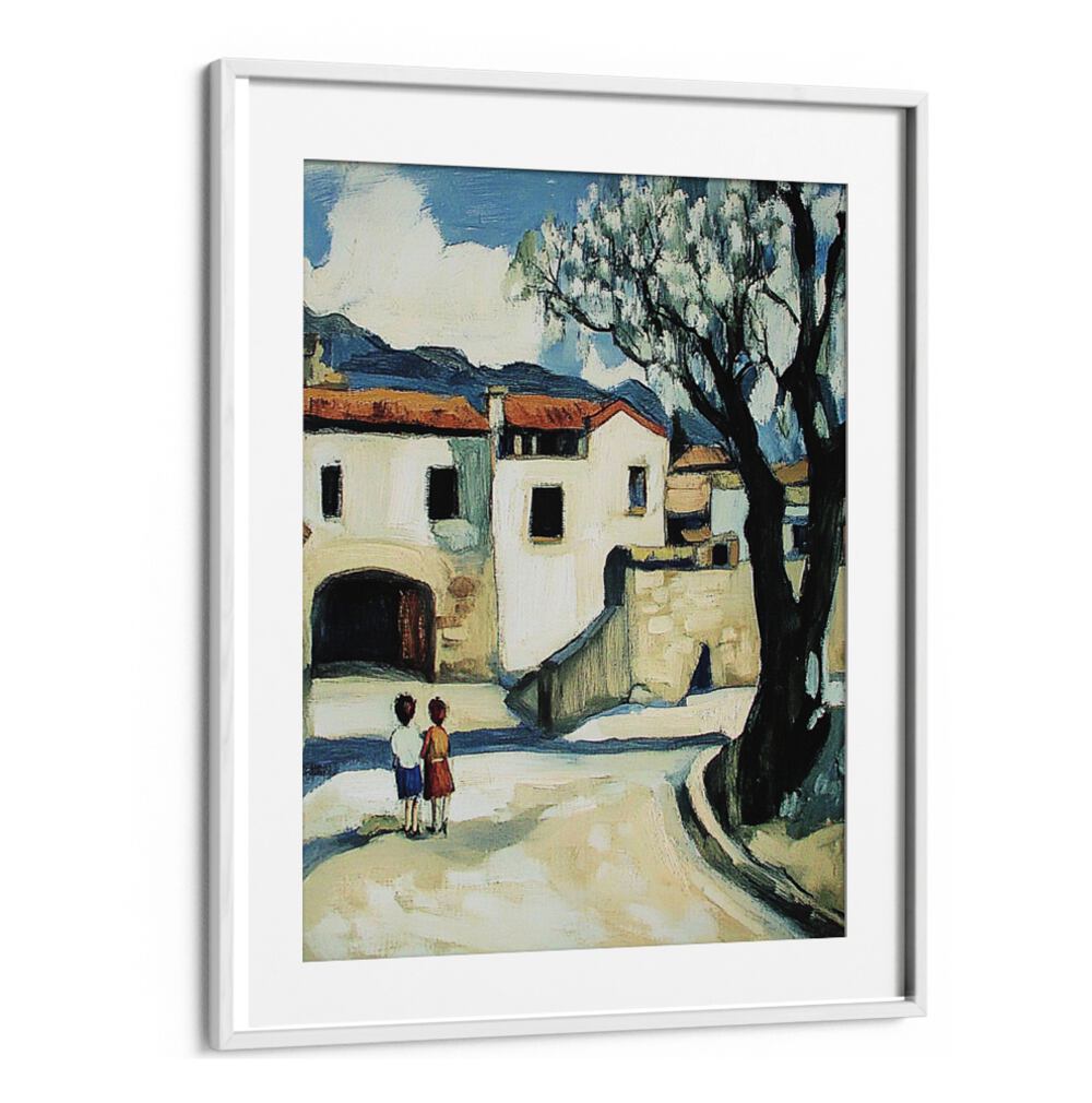 Vibrant artwork titled CHILDREN IN THE STREET, capturing playful childhood moments in a charming town setting.