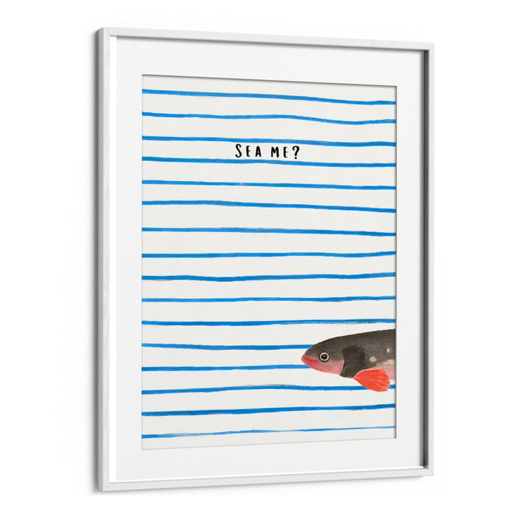 SEA ME , BEACH PAINTINGS with playful fish and blue stripes in a white frame for coastal decor by Whitemount.