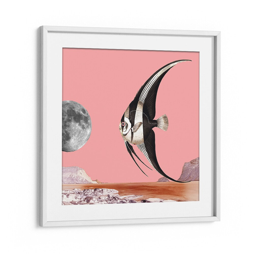 Stylish PLENTY OF FISH, BEACH PAINTINGS artwork featuring a fish soaring under a full moon, perfect for coastal decor.