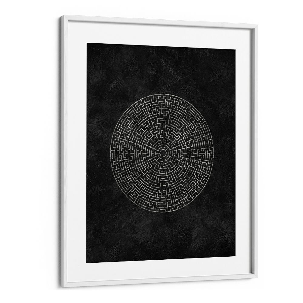 Bold geometric art print, the CIRCULAR JOURNEY MAZE, enhances any space with intricate design and modern aesthetics.
