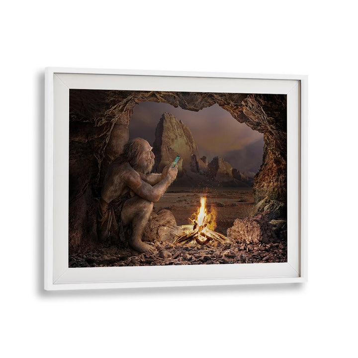 Surreal HOMO SAPIENS MEDIA photography prints featuring a caveman with a smartphone beside a fire. Transform your space!