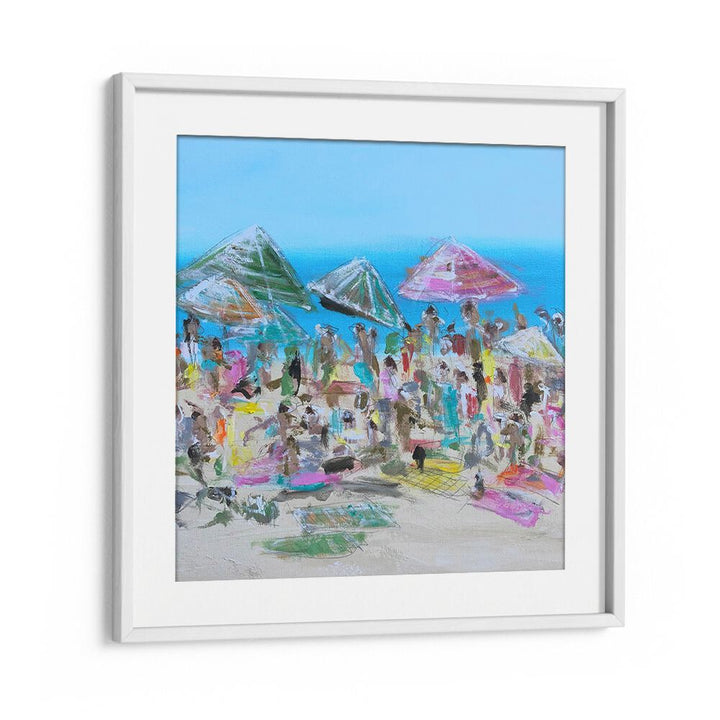Colorful beach scene with umbrellas, exemplifying VIBRANT BEACH BLISS, BEACH PAINTINGS for serene coastal decor.