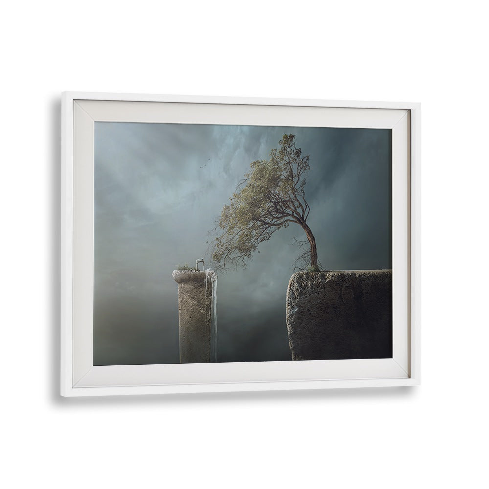 Surreal "Drink Water" photography prints showcase a tree emerging from a rocky edge, perfect for artistic decor.