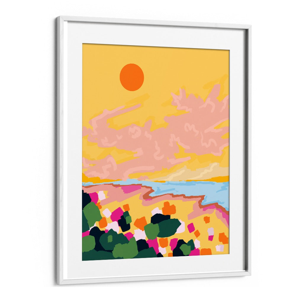 Vibrant SUN EMBRACE, LANDSCAPE PAINTINGS capturing a sunny beach scene with colorful flowers and a bright sun.