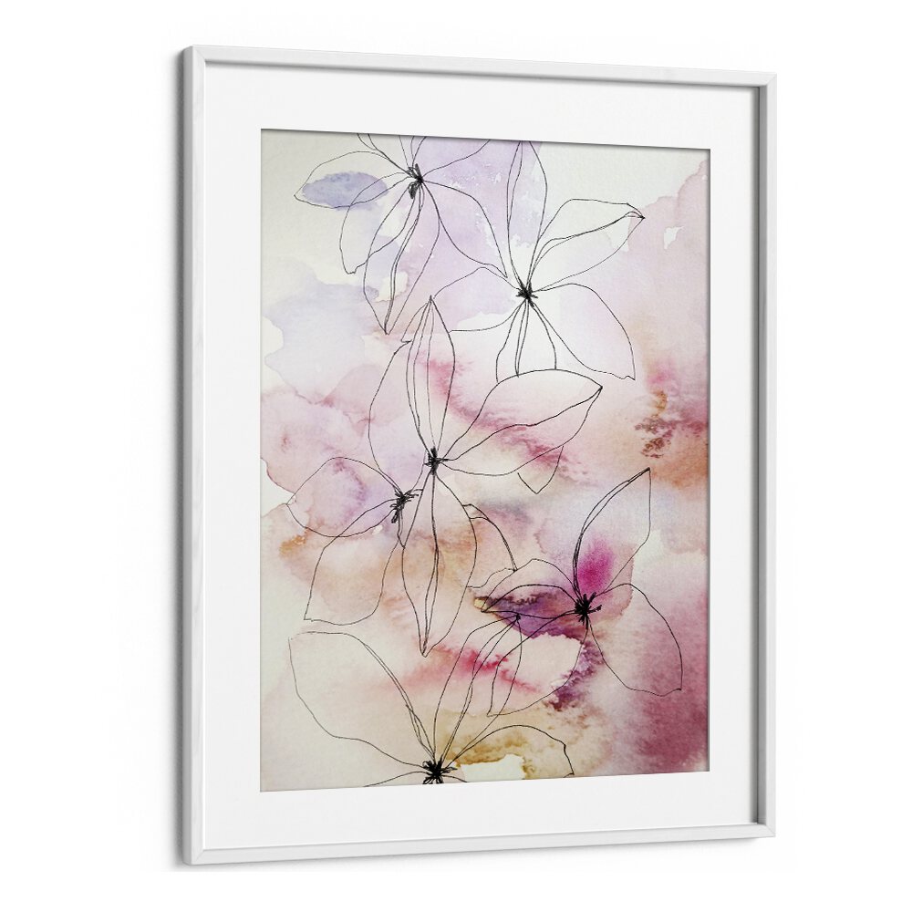 Soft pastel floral artwork titled WHISPER PETALS I, FLORAL FLOWER PAINTINGS, perfect for any serene space.