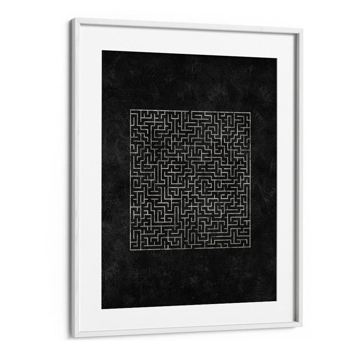 A striking geometric art print, THE SQUARED MAZE JOURNEY, enhances any space with its bold, abstract design.