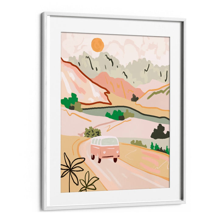 Pastel Journey, landscape paintings feature a serene road trip scene with soft hues and calming landscapes.