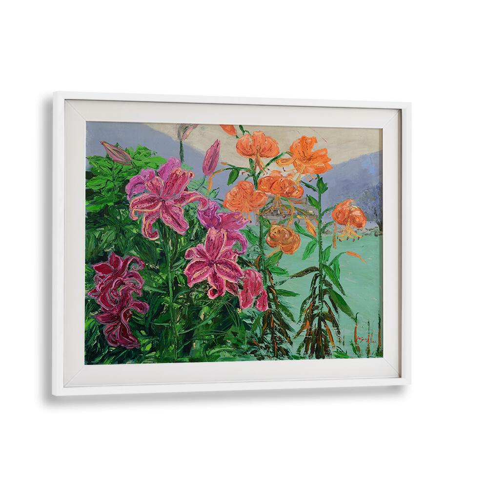 Vibrant PINK AND ORANGE LILIES, FLORAL FLOWER PAINTINGS beautifully framed, perfect for brightening your space.