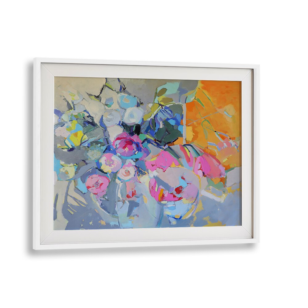 Colorful abstract painting featuring roses in glass vases, part of the GLASS AND ROSES, ABSTRACT PAINTINGS collection.