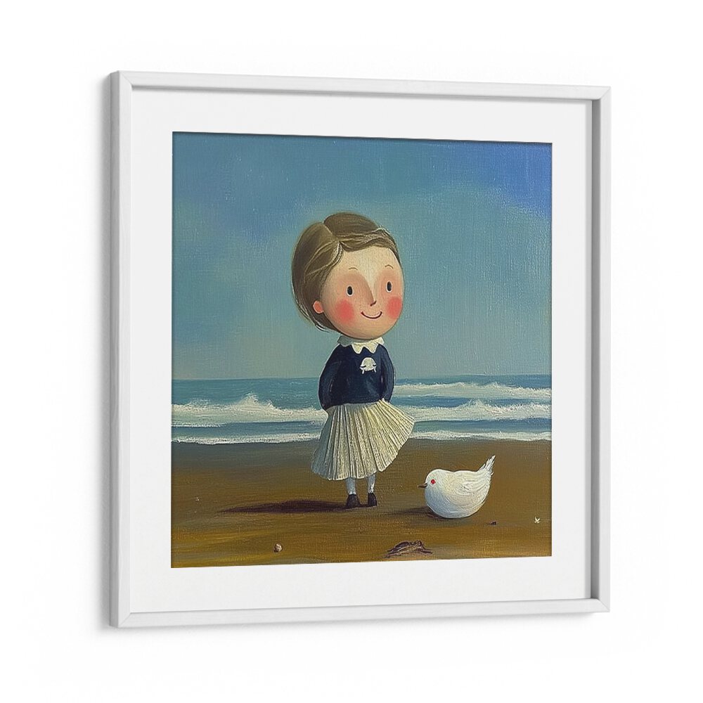 Charming LITTLE GIRL ON THE BEACH II artwork captures childhood joy by the sea, perfect for whimsical home decor.