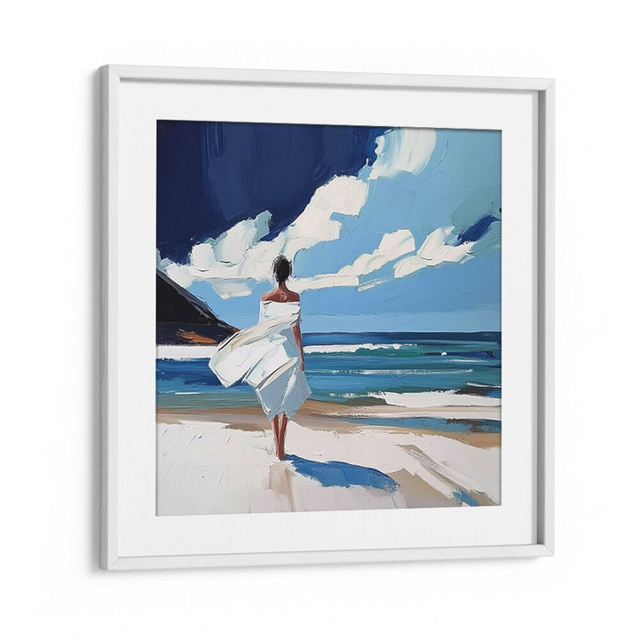 Serene artwork of a woman walking on the beach, capturing tranquility and coastal vibes for beach lovers.