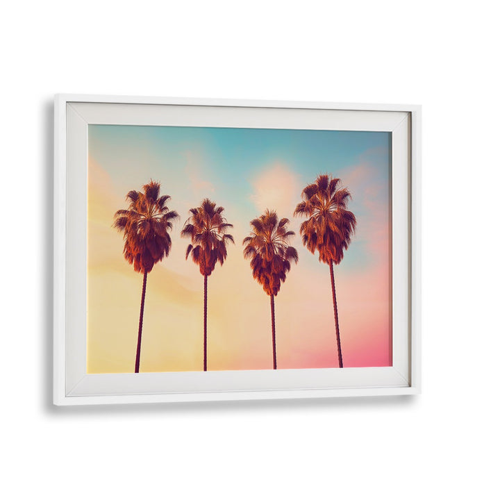 L.A Sunset Palms, Beach Paintings showcase vibrant palm trees against a pastel sky, evoking a warm California evening.