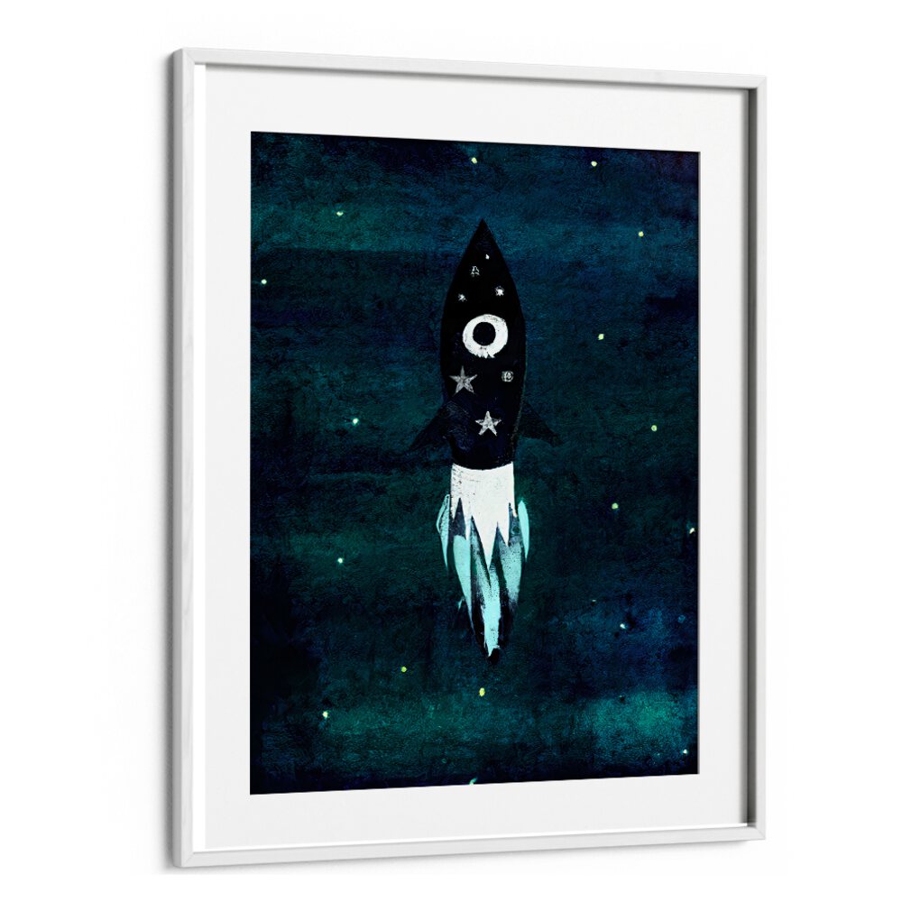 SKY ROCKET HIGH , KIDS ROOM PAINTINGS featuring a playful rocket design against a starry night by Whitemount Studio