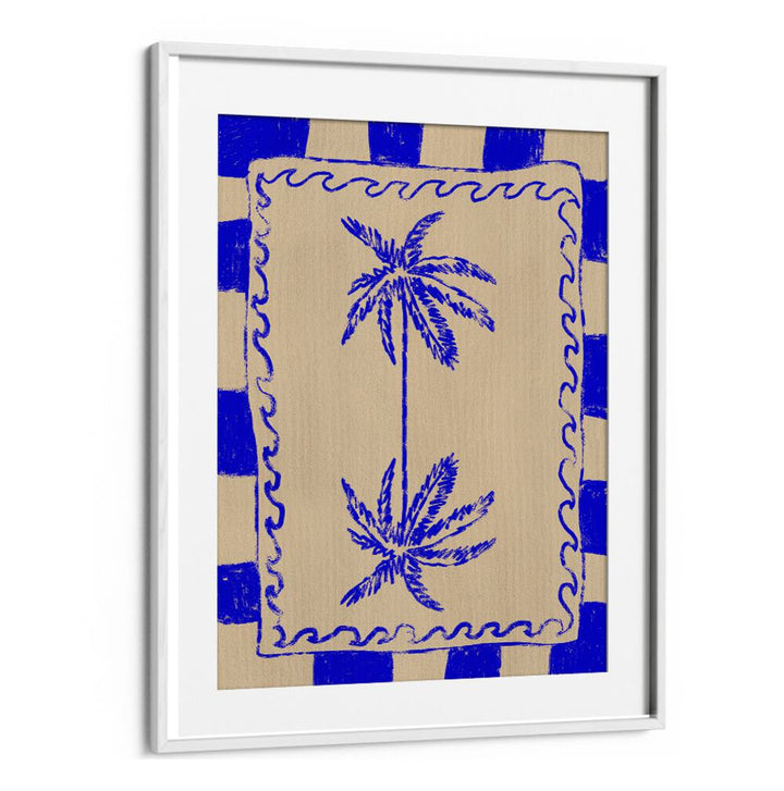 Bright blue beach painting with palm trees, capturing COASTAL CHARM for your home decor. Perfect for beach lovers.