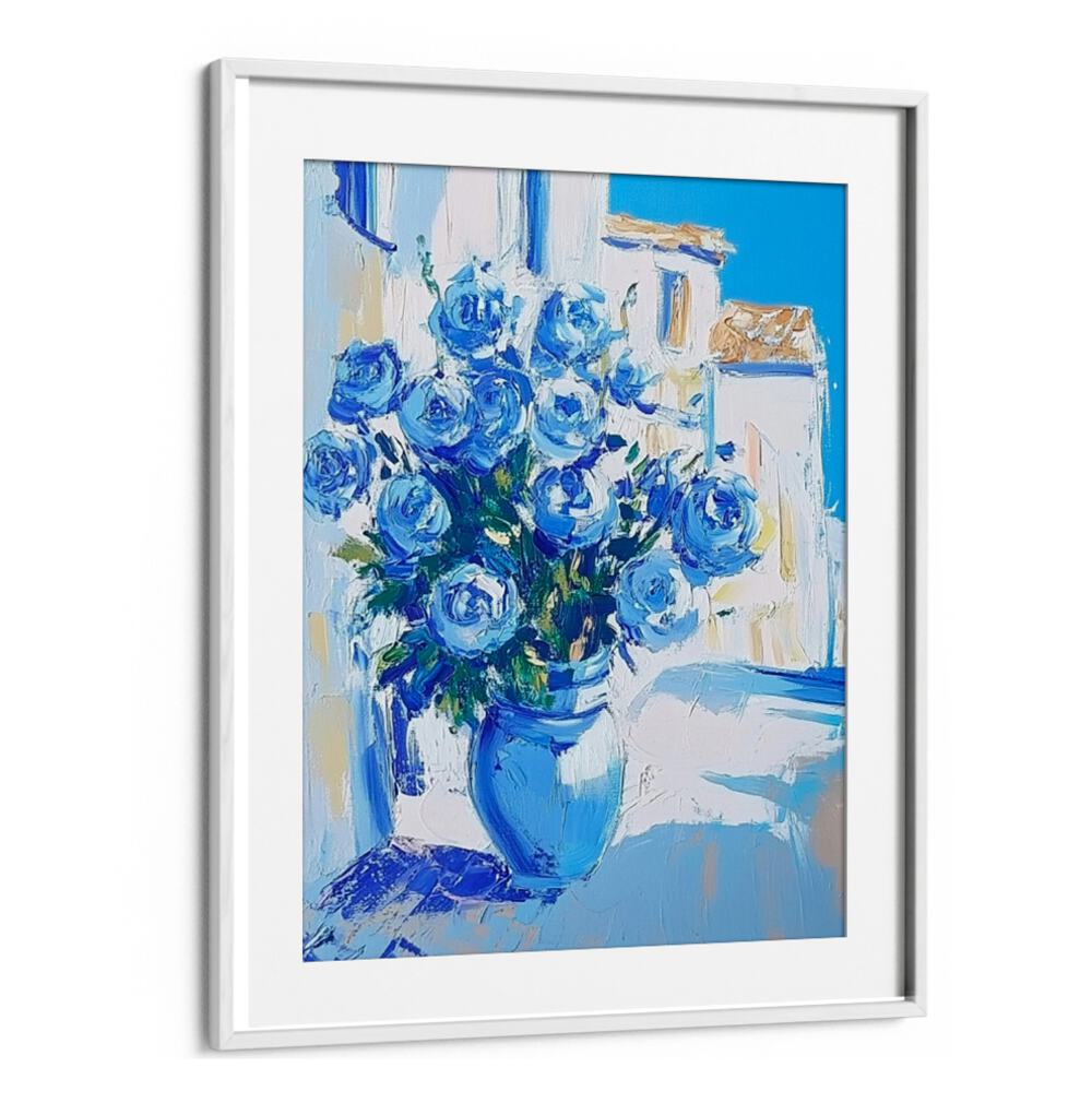 Stunning BLUE ROSES in a blue vase, a captivating floral addition perfect for special occasions.