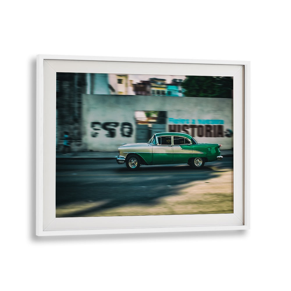 Vintage car captured in motion, showcasing urban life in THE HISTORY OF , PHOTOGRAPHY PRINTS. Perfect for art lovers.