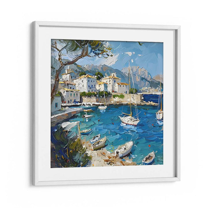 Experience the vibrant hues of the BLUE MEDITERRANEAN SEA MALLORCA, showcasing serene coastal beauty and boats.