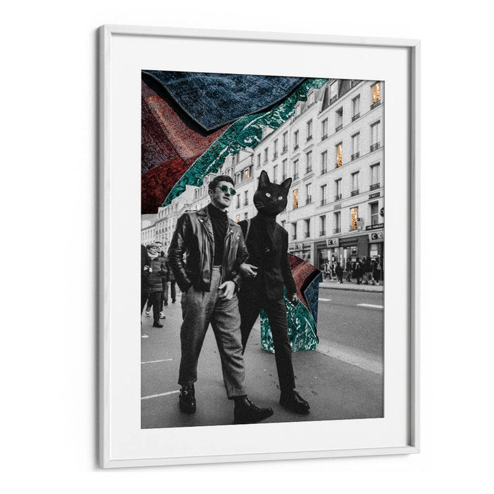 Surreal art print featuring a cat in the city, perfect for cat lovers. Explore CAT IN CITY, SURREAL ART PRINTS today!