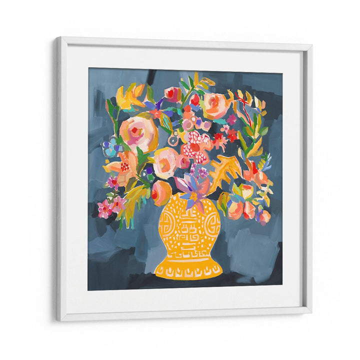 Vibrant IZZIE S BOUQUET, FLORAL FLOWER PAINTINGS showcasing colorful abstract floral art in a stylish frame.