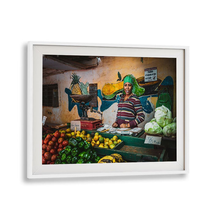 Vibrant street scene featuring a vendor amidst fresh produce, showcasing COLORS OF HAVANA, PHOTOGRAPHY PRINTS.