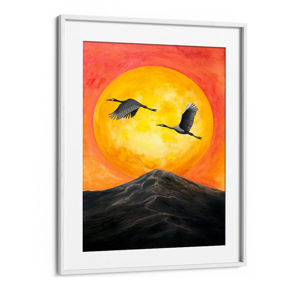Vibrant ON OUR WAY, LANDSCAPE PAINTINGS featuring cranes flying against a stunning sunset backdrop. Perfect for home decor.