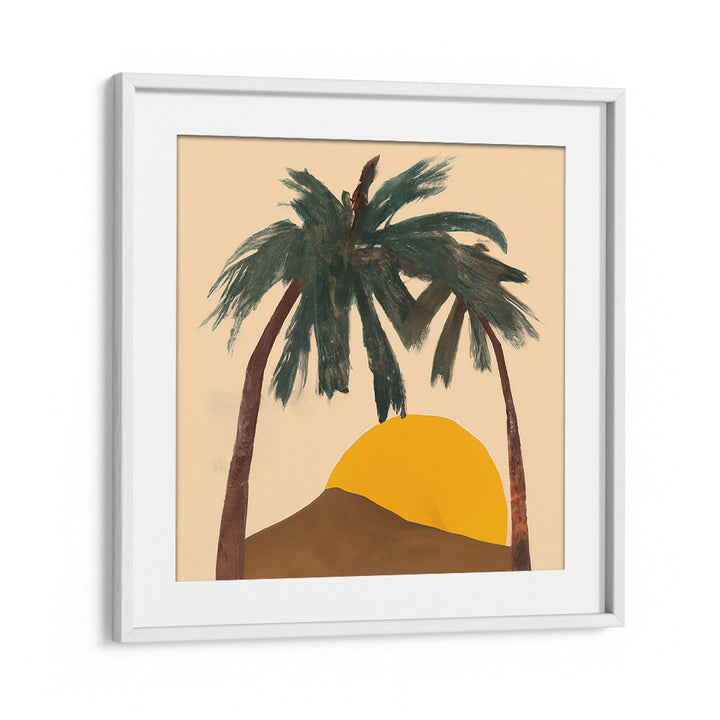ARCHY PALMS , BEACH PAINTINGS featuring two palm trees with a yellow sun and brown hill in a white frame by Whitemount.