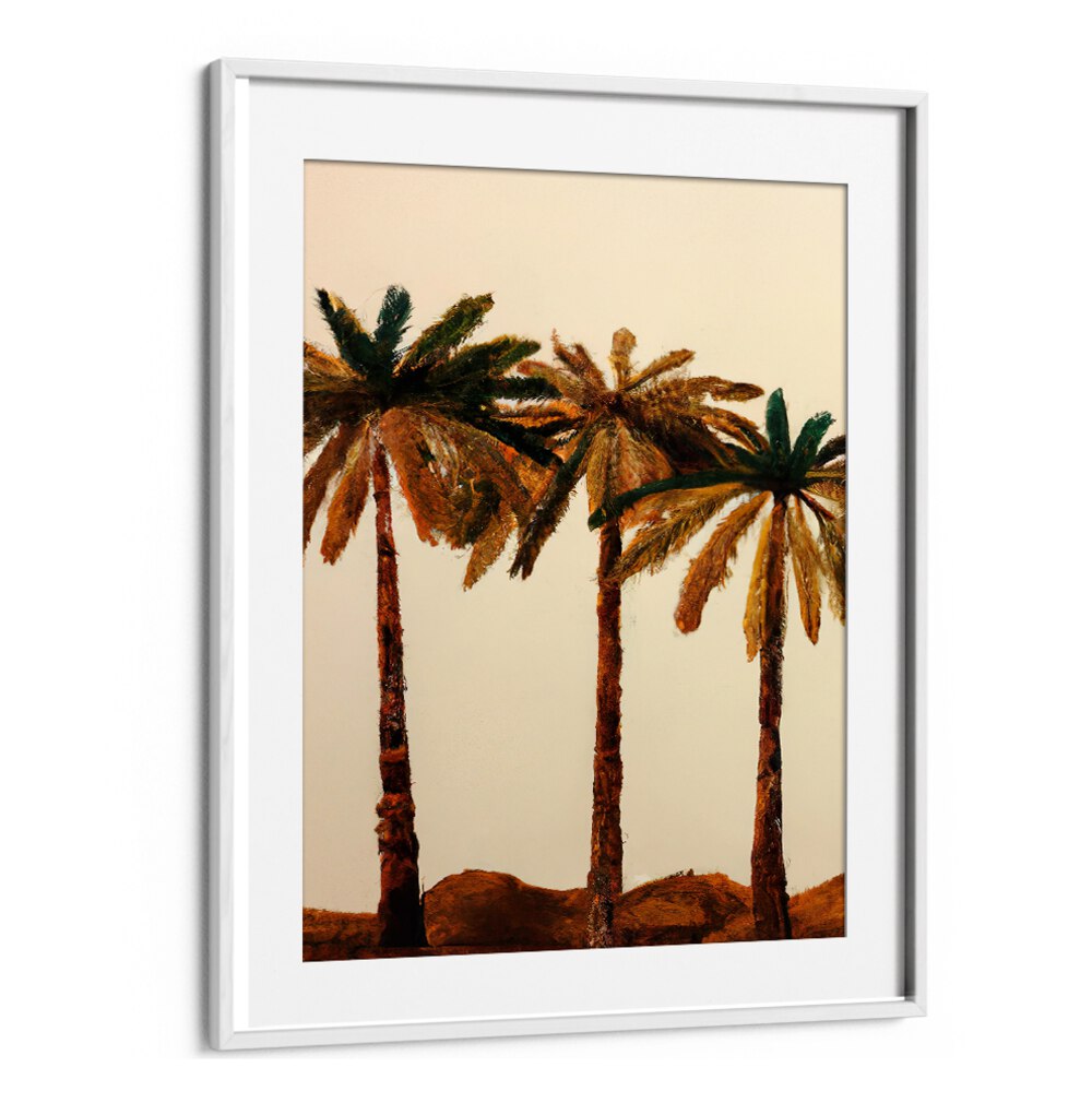 PALM TRIO , BEACH PAINTINGS featuring three palm trees with warm tones, perfect for adding tropical calm to your home.