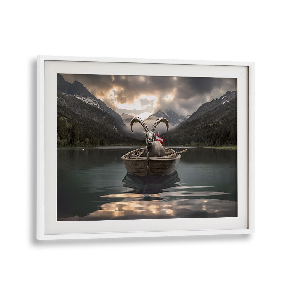 Surreal JAEGERSEE AUSTRIA photography prints featuring a goat in a boat on tranquil waters, perfect for art lovers.