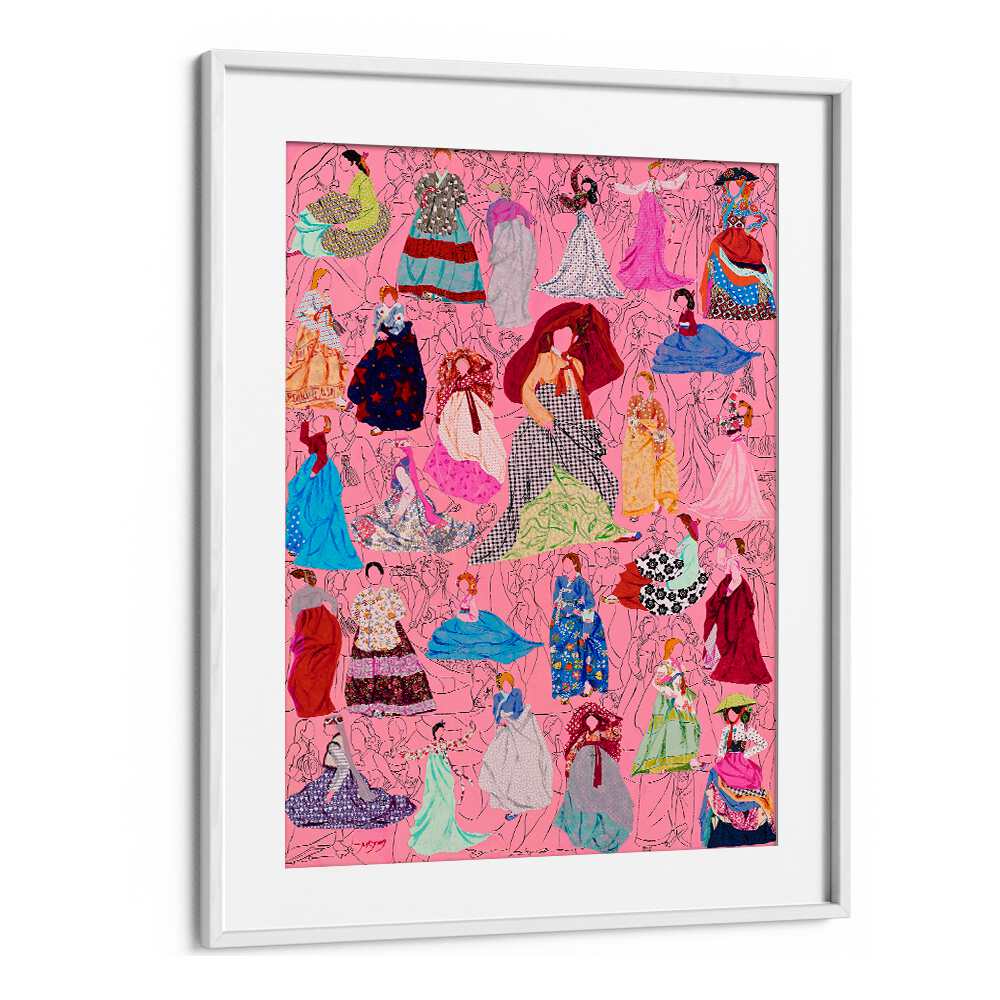 Colorful PICNIC, FASHION POSTERS showcasing stylish dresses against a vibrant pink background for chic decor.