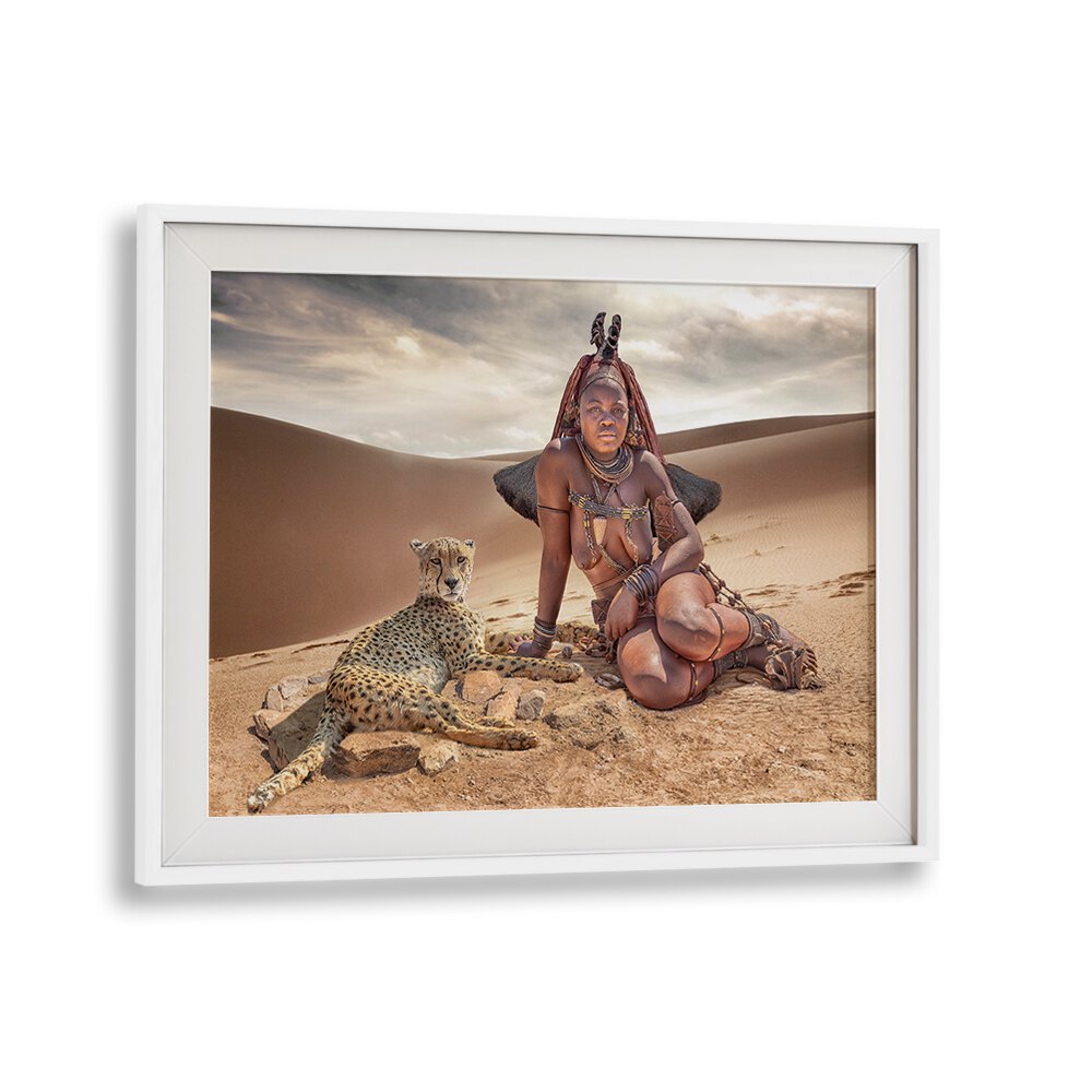 HIMBA FRIENDS, PHOTOGRAPHY PRINTS showcase a stunning portrait of a Himba woman and a leopard in the desert.