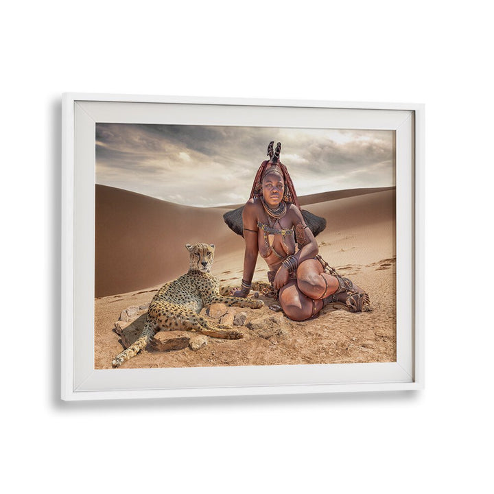 HIMBA FRIENDS, PHOTOGRAPHY PRINTS showcase a stunning portrait of a Himba woman and a leopard in the desert.