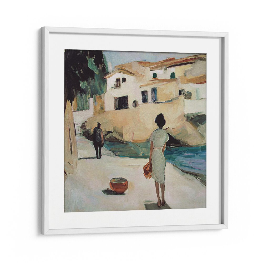 A stylish woman stands by the water, embodying elegance in "THE WOMAN IN WHITE" fashion masterpiece.