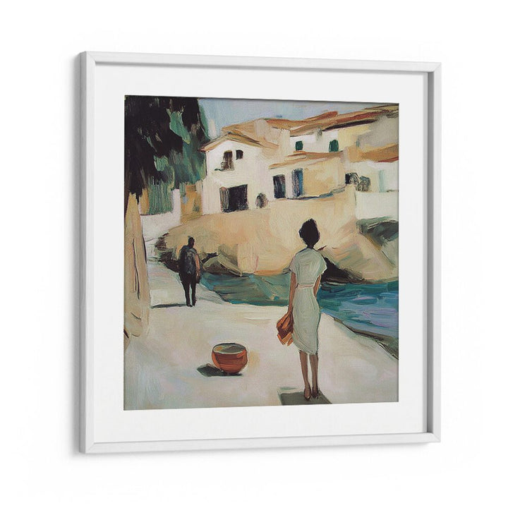 A stylish woman stands by the water, embodying elegance in "THE WOMAN IN WHITE" fashion masterpiece.