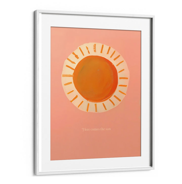 Bright orange sun on peach background with “Here comes the sun” text in HERE COMES THE SUN, KIDS ROOM PAINTINGS.