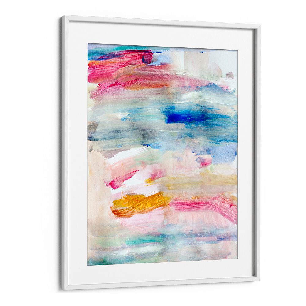 Colorful abstract painting titled "THE VIEW FROM UP HERE," showcasing vibrant hues and fluid brushstrokes.