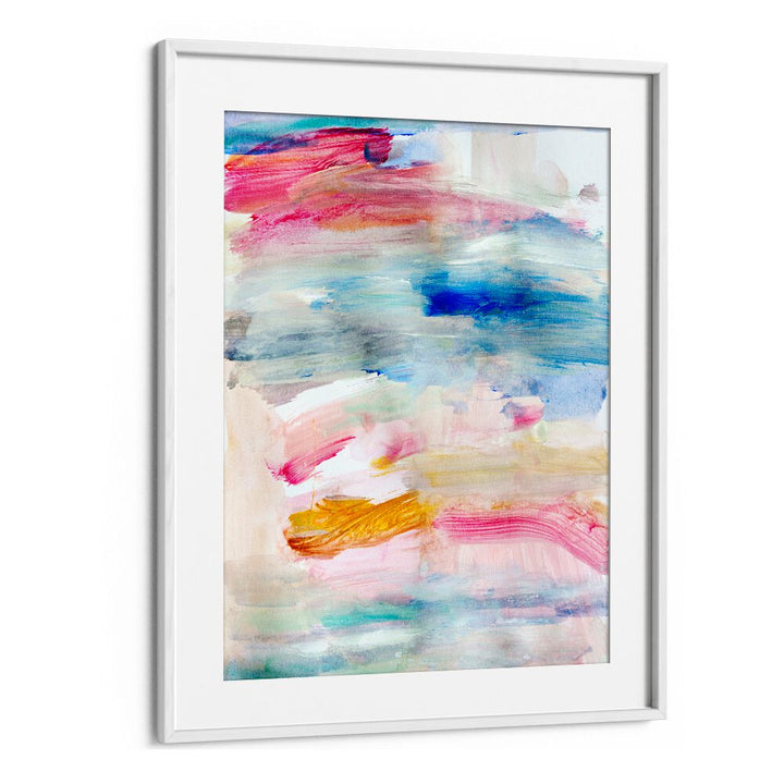 Colorful abstract painting titled "THE VIEW FROM UP HERE," showcasing vibrant hues and fluid brushstrokes.