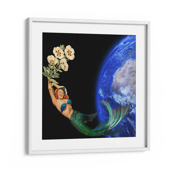 Surreal art print "SWIMMING AWAY" features a mermaid holding flowers against Earth, perfect for unique decor.