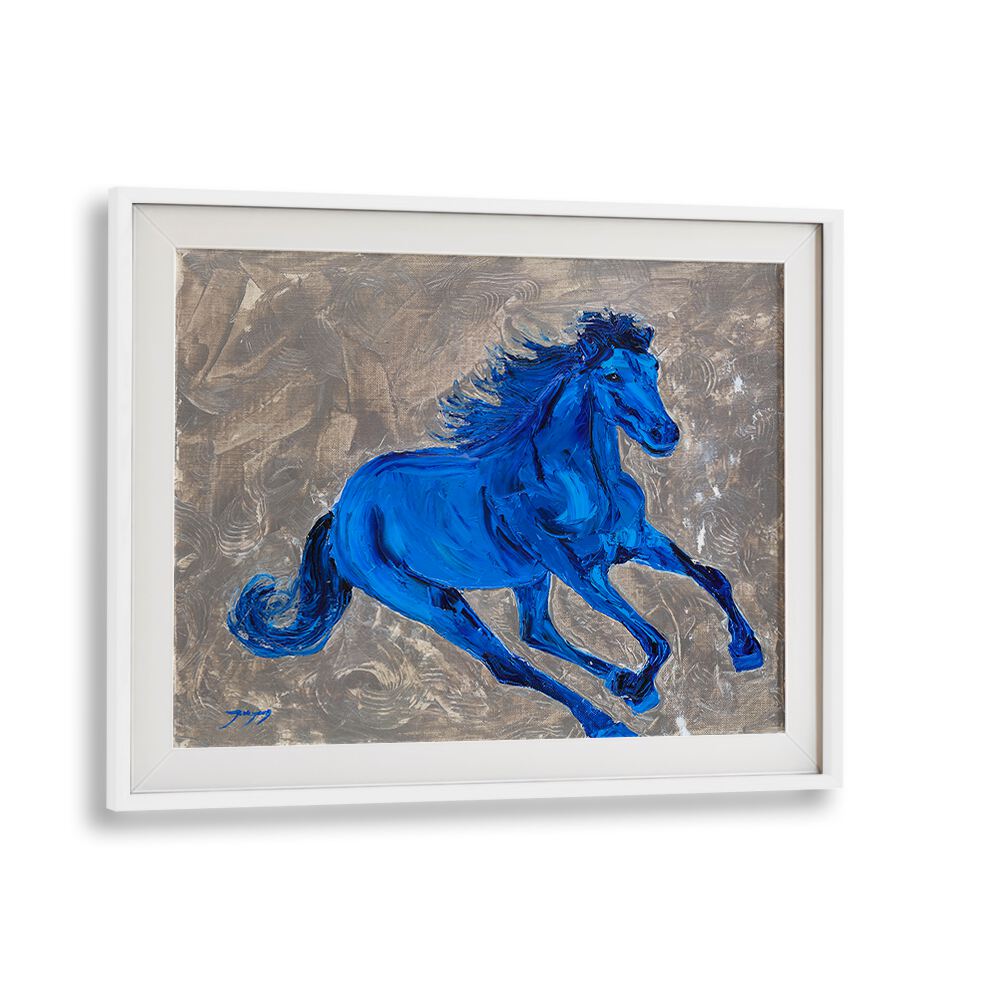 Vibrant BLUE HORSE , ANIMAL PAINTINGS showcasing a majestic blue horse on a textured background, perfect for decor.