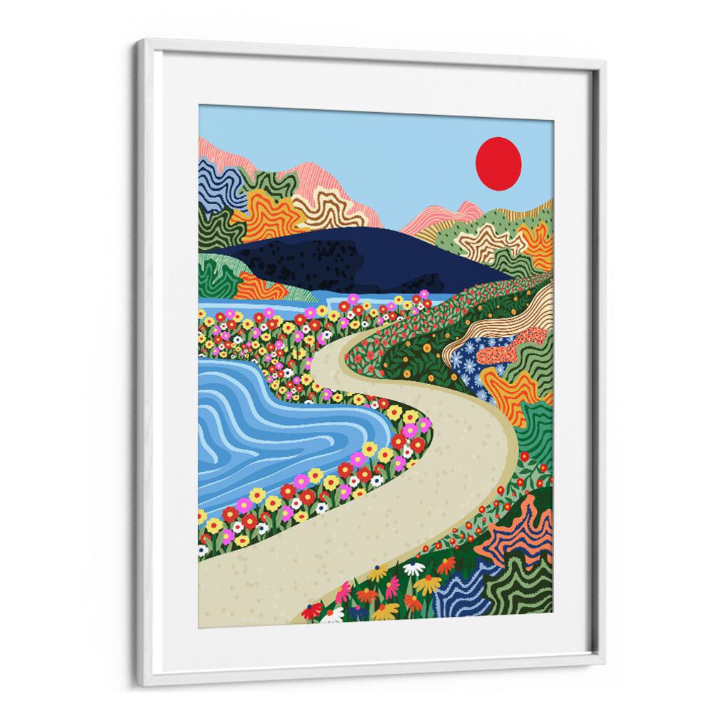 Bright and colorful SOOTHING HORIZON, LANDSCAPE PAINTINGS featuring a winding path and vibrant floral scenery.